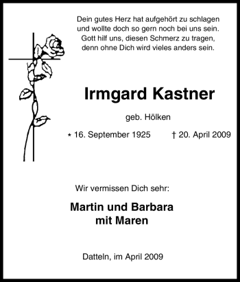 Traueranzeige von Irmgard Kastner von Tageszeitung