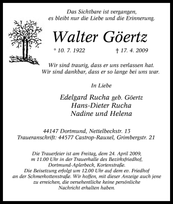 Traueranzeige von Walter Göertz von Tageszeitung