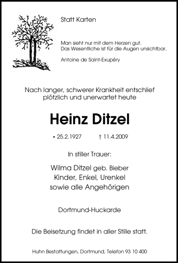 Traueranzeige von Heinz Ditzel von Tageszeitung