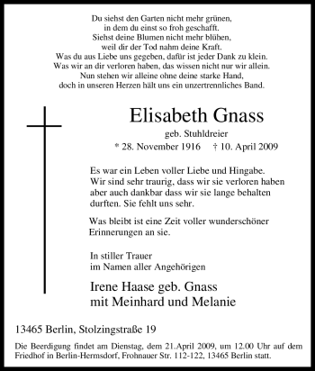 Traueranzeige von Elisabeth Gnass von Tageszeitung