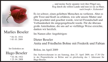Traueranzeige von Marlies Beseler von Tageszeitung