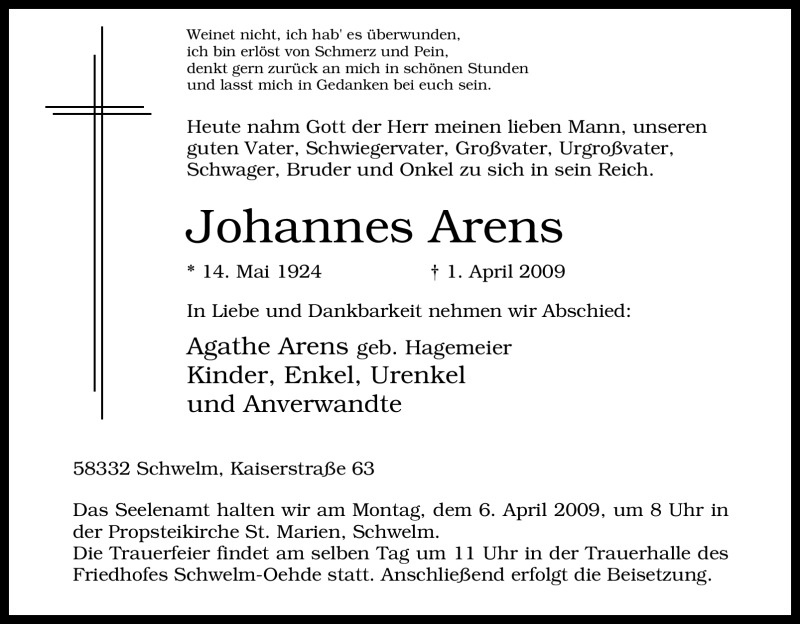 Traueranzeigen von Johannes Arens | Trauer-in-NRW.de