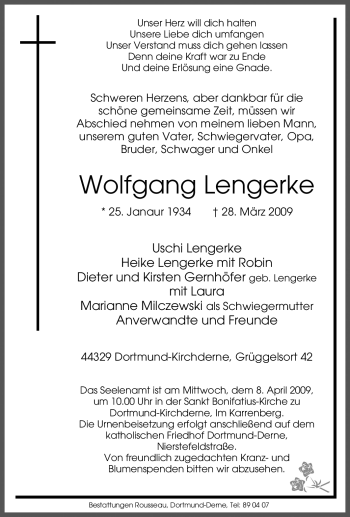 Traueranzeige von Wolfgang Lengerke von Tageszeitung
