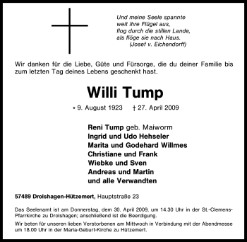 Traueranzeige von Willi Tump von Tageszeitung