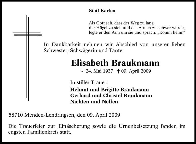  Traueranzeige für Elisabeth Braukmann vom 25.04.2009 aus Tageszeitung