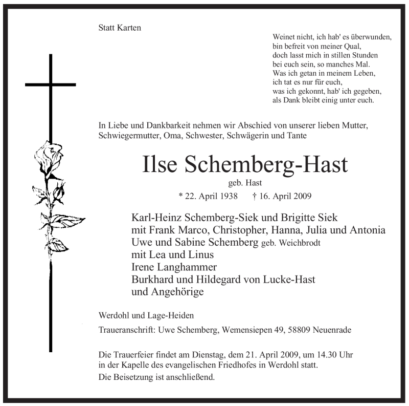  Traueranzeige für Ilse Schemberg-Hast vom 18.04.2009 aus Tageszeitung