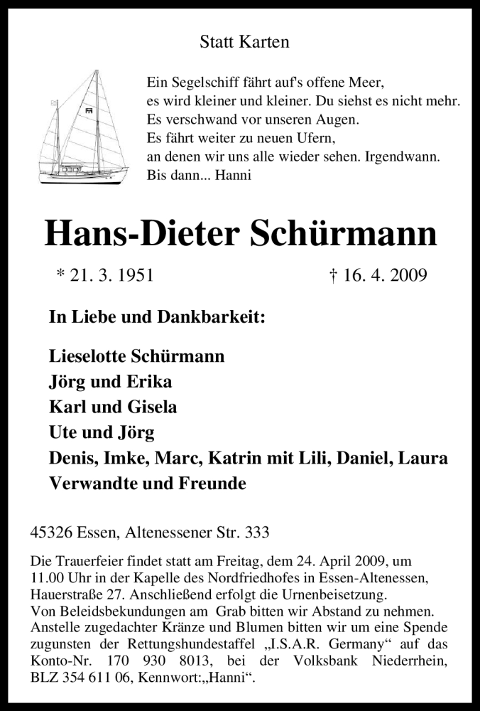  Traueranzeige für Hans-Dieter Schürmann vom 21.04.2009 aus Tageszeitung