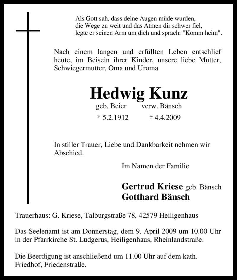  Traueranzeige für Hedwig Kunz vom 06.04.2009 aus Tageszeitung