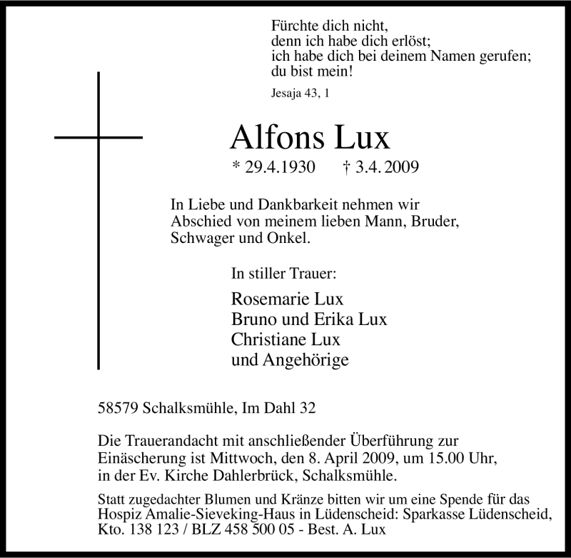  Traueranzeige für Alfons Lux vom 06.04.2009 aus Tageszeitung