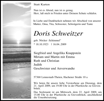 Traueranzeige von Doris Schweitzer von Tageszeitung