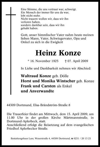 Traueranzeige von Heinz Konze von Tageszeitung