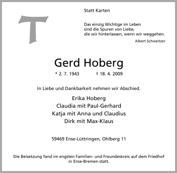 Traueranzeige von Gerd Hoberg von Tageszeitung