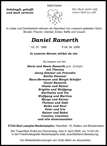 Traueranzeige von Daniel Ramerth von Tageszeitung