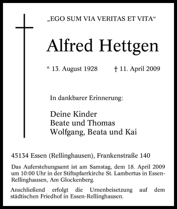 Traueranzeige von Alfred Hettgen von Tageszeitung