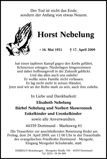 Traueranzeige von Horst Nebelung von Tageszeitung