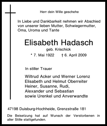Traueranzeige von Elisabeth Hadasch von Tageszeitung