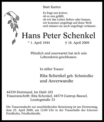 Traueranzeige von Hans Peter Schenkel von Tageszeitung