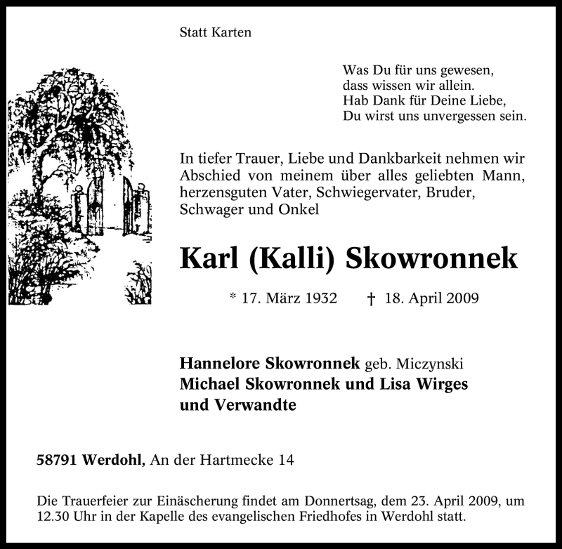  Traueranzeige für Karl Skowronnek vom 21.04.2009 aus Tageszeitung