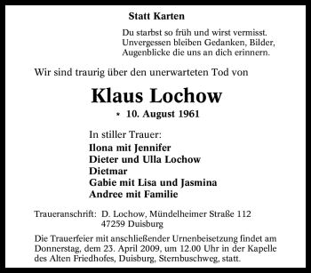 Traueranzeige von Klaus Lochow von Tageszeitung