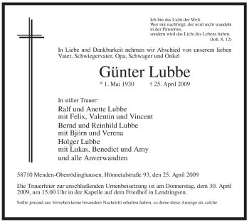 Traueranzeige von Günter Lubbe von Tageszeitung