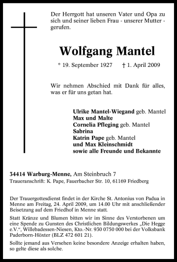 Traueranzeige von Wolfgang Mantel von Tageszeitung