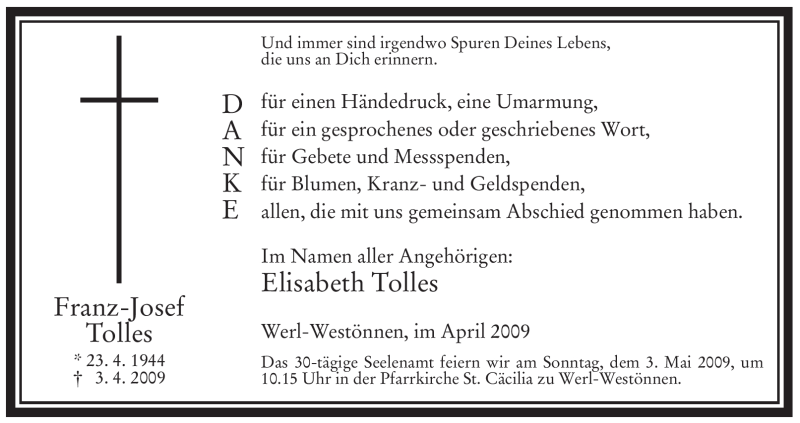  Traueranzeige für Franz-Josef Tolles vom 28.04.2009 aus Tageszeitung