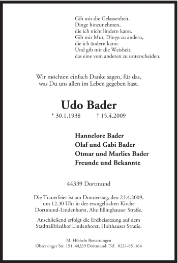 Traueranzeige von Udo Bader von Tageszeitung