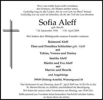 Traueranzeige von Sofia Aleff von Tageszeitung