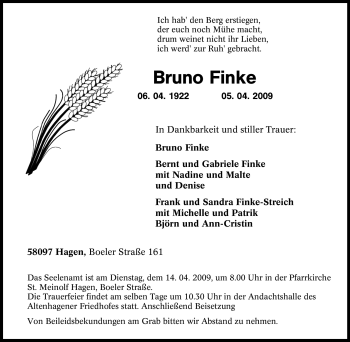 Traueranzeige von Bruno Finke von Tageszeitung