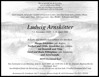 Traueranzeige von Ludwig Arnskötter von Tageszeitung