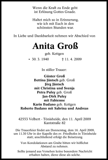 Traueranzeige von Anita Groß von Tageszeitung