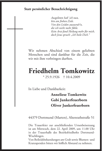 Traueranzeige von Friedhelm Tomkowitz von Tageszeitung