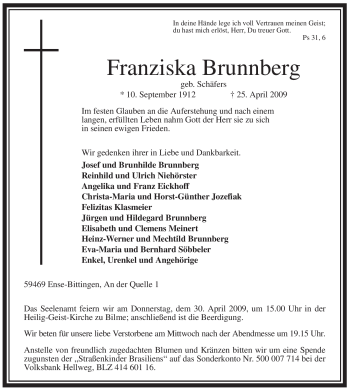 Traueranzeige von Franziska Brunnberg von Tageszeitung