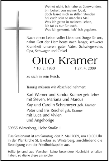 Traueranzeige von Otto Kramer von Tageszeitung