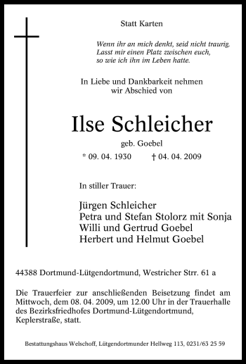 Traueranzeige von Ilse Schleicher von Tageszeitung