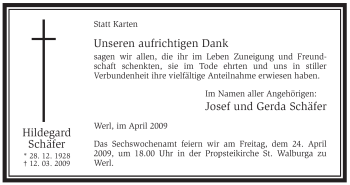 Traueranzeige von Hildegard Schäfer von Tageszeitung