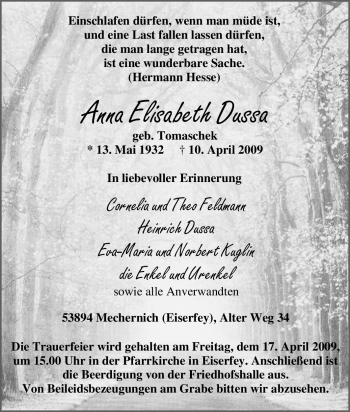 Traueranzeige von Anna Elisabeth Dussa von Tageszeitung