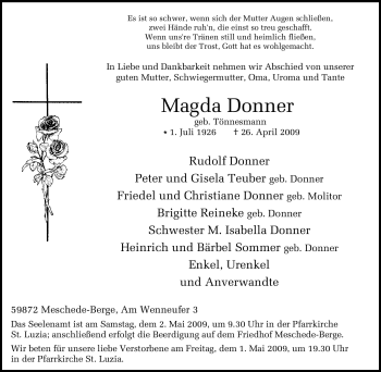 Traueranzeige von Magda Donner von Tageszeitung