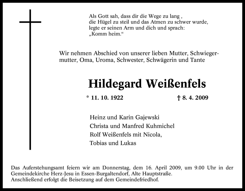 Traueranzeigen Von Hildegard Weißenfels 