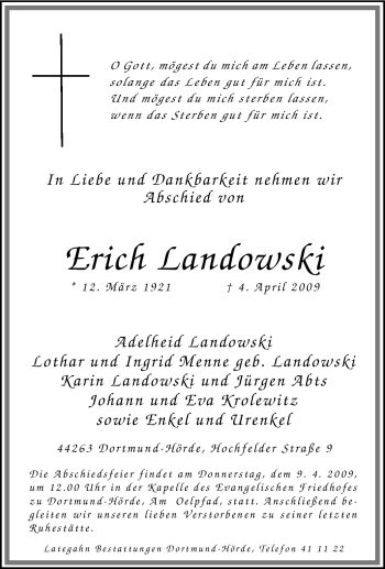 Traueranzeige von Erich Landowski von Tageszeitung