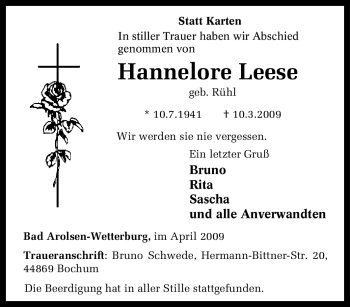 Traueranzeige von Hannelore Leese von Tageszeitung