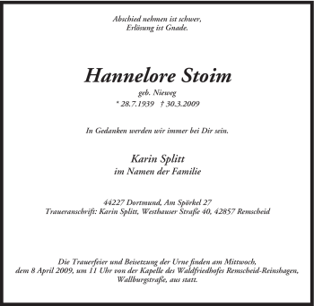 Traueranzeige von Hannelore Stoim von Tageszeitung