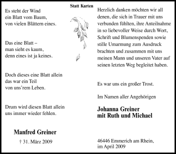 Traueranzeige von Manfred Greiner von Tageszeitung