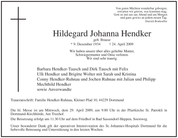 Traueranzeige von Hildegard Johanna Hendker von Tageszeitung