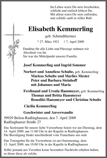 Traueranzeige von Elisabeth Kemmerling von Tageszeitung