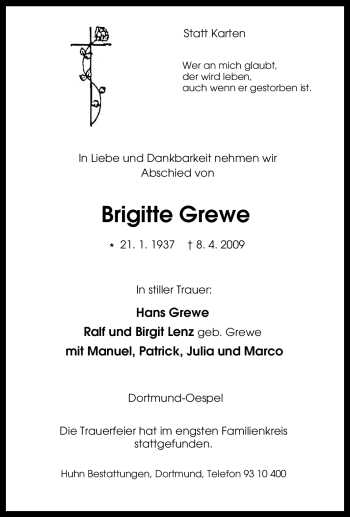Traueranzeige von Brigitte Grewe von Tageszeitung