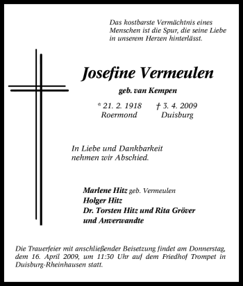 Traueranzeige von Josefine Vermeulen von Tageszeitung