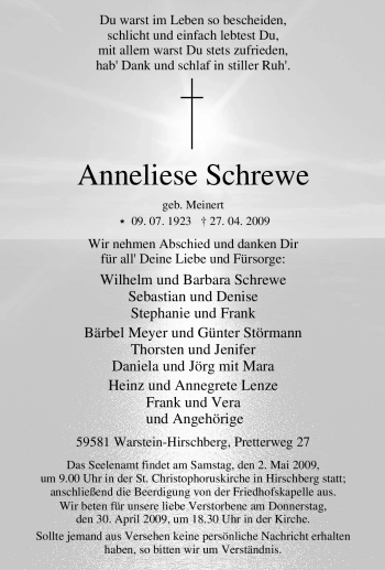 Traueranzeige von Anneliese Schrewe von Tageszeitung