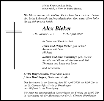 Traueranzeige von Alex Bieker von Tageszeitung