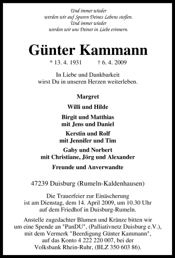 Traueranzeige von Günter Kammann von Tageszeitung